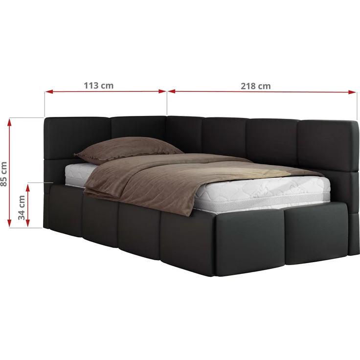 Jugendbett 90x200 ARVO Polsterbett mit Bettkasten, Stauraum & Gasdruckfeder, Modernes Design mit Kopfteil, Multipocket Matratze - Schwarz Kunstleder - ELORI LUX - Links Seite – Bild 3