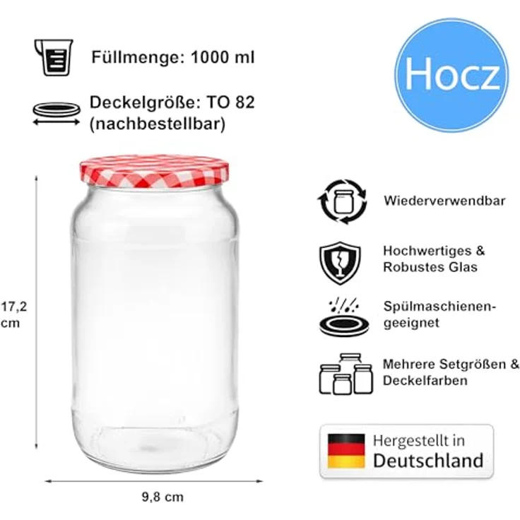 hocz 6x Einmachgläser 1 Liter | mit Deckel Rot Kariert TO 82 | leere Gläser mit Schraubdeckel zum befüllen 1 L | 1000 ml Sturzgläser, Schraubgläser, Marmeladengläser Set | 6 Stück – Bild 2