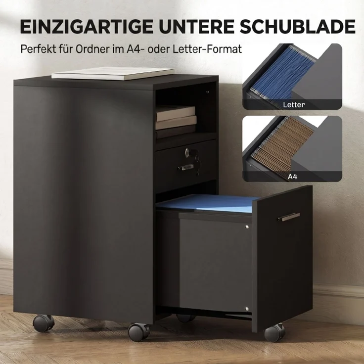 Büroschrank Rollcontainer, 2 Schubladen, eine Schublade abschließbar, 5 Rollen, Schwarz, 40 x 40 x 65 cm--Schwarz--40x40x65cm--YOUDENOVA – Bild 5
