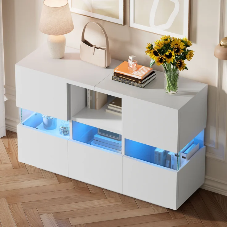Wohnzimmerschrank aus Holzwerkstoff mit Glasvitrine & LED, 140x35x75 cm, Weiß – Bild 3