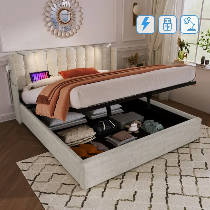 Bett 160x200 cm mit Bettkasten und Ladefunktion – Leinenbezug, integrierte Leselampe