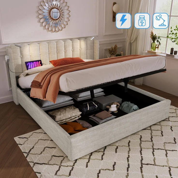 Bett 160x200 cm mit Bettkasten und Ladefunktion – Leinenbezug, integrierte Leselampe – Bild 1