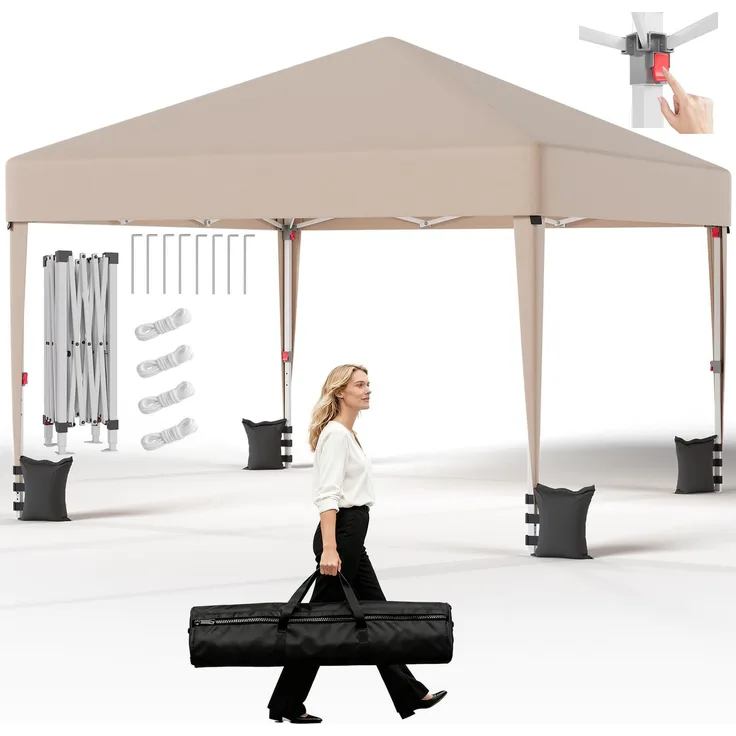 JUMMICO Pavillon 3x3 Wasserdicht Stabil Winterfest Höhe Verstellbar, Faltpavillon Pavillion UV Schutz 50+,Gartenpavillon Faltzelt für Garten, Innenhof, Camping,Gazebo Beige