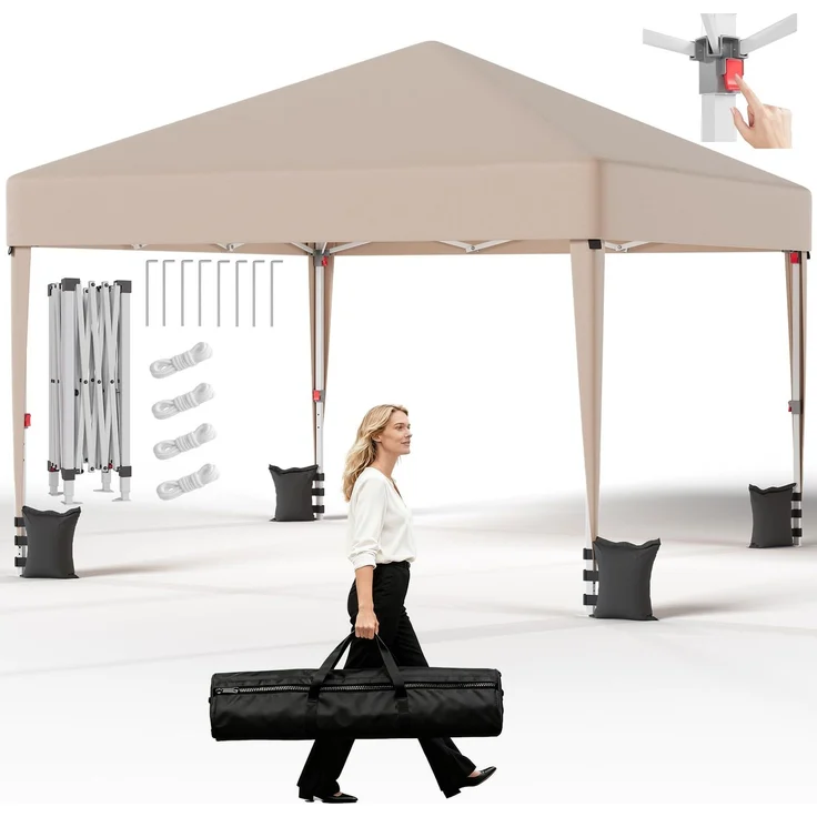 JUMMICO Pavillon 3x3 Wasserdicht Stabil Winterfest Höhe Verstellbar, Faltpavillon Pavillion UV Schutz 50+,Gartenpavillon Faltzelt für Garten, Innenhof, Camping,Gazebo Beige