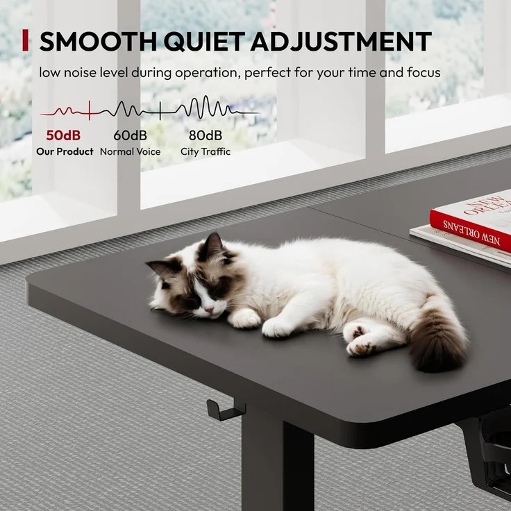 SANODESK Höhenverstellbarer Schreibtisch mit VOLLSTÄNDIGER TISCHPLATTE, 4 Zubehörteilen (Becherhalter, Haken, Aufbewahrungsbox, Kabelmanagement), ergonomisch für Büro und Homeoffice, Schwarz, 110x54CM – Bild 6