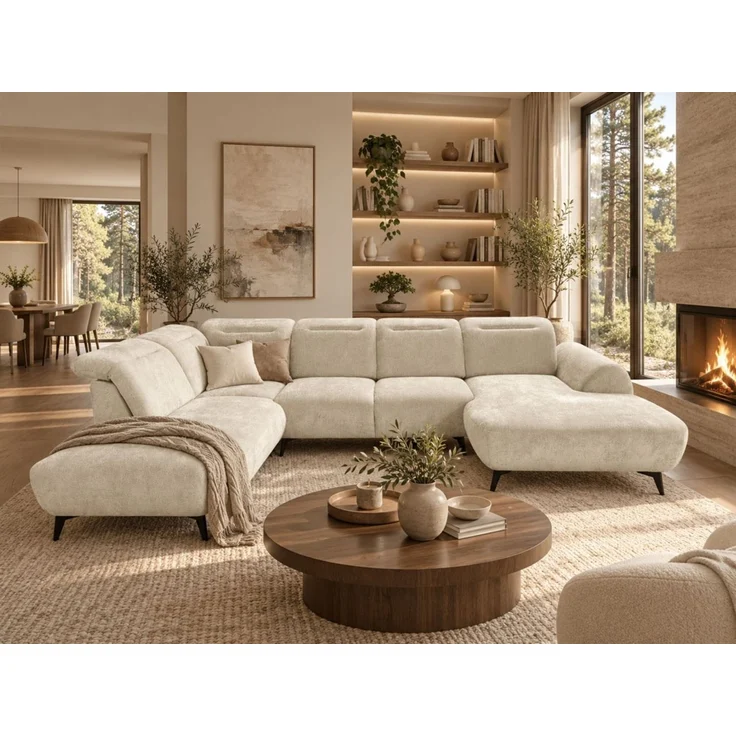 Wohnlandschaft Sofa U-Form ALETTE in Stoff Doha Creme Lange Schenkel Links – Bild 1