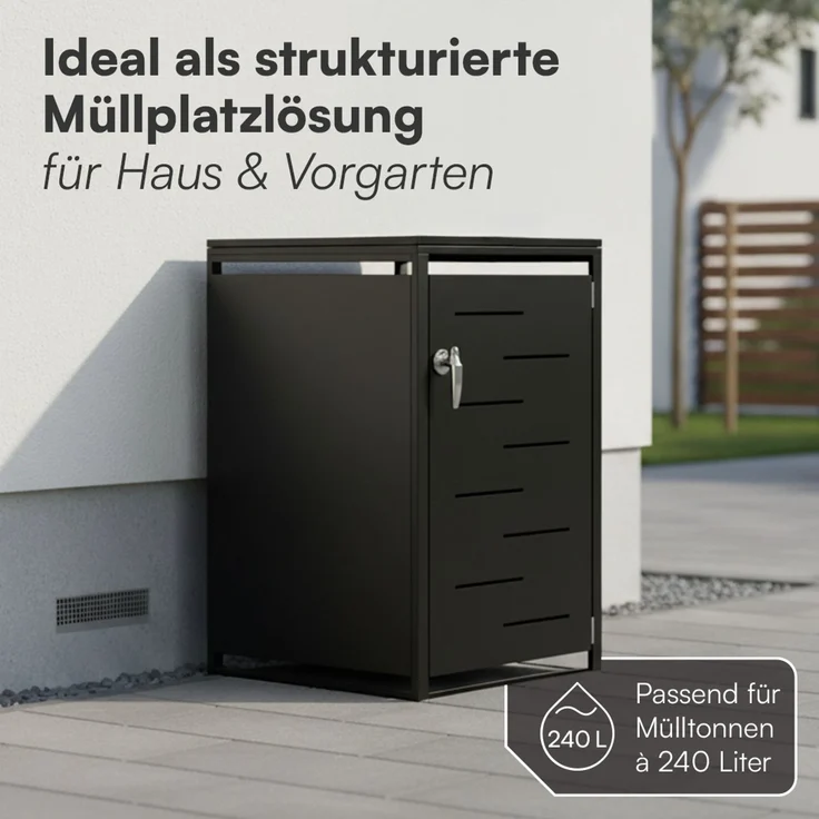 STEELSØN 'Diorus' Mülltonnenbox 1er 240 Liter, graphitschwarz, Mülltonnenverkleidung aus Stahl mit Sichtstreifen, wetterfest, 116x80x69 cm, abschließbare Müllbox für 1 Tonne – Bild 2