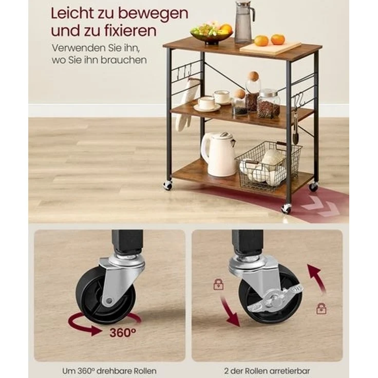 Vasagle Küchenregal auf Rollen, Servierwagen mit 3 Regalböden, Mikrowellenregal, für Minibackofen, Toaster, Wasserkocher, Metall, mit 6 Haken, Industrie-Design,40 x 80 x 82,5 cm (T x B x H), Vintagebraun-Schwarz von Songmics – Bild 4