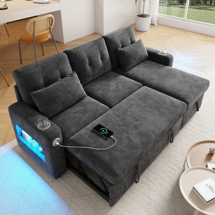 Merax Ecksofa mit LED‑Beleuchtung & USB, L-förmiges Sofa mit Schlaffunktion, multifunktionales Schlafsofa aus Chenille, für Wohnzimmer/Schlafzimmer 1 Teile, 3-Sitzer-Sofa mit Getränkehalter, Seitentaschen & verdeckten Stauraum – Bild 1