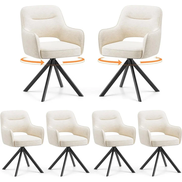 COLAMY Drehbare Esszimmerstühle 6er Set mit Armlehnen, Drehbare Polsterstühle für Küche & Esszimmer aus weichem Florstoff mit Metallgestell und Rückenlehne, für Esszimmer, Küche, Büro,Beige – Bild 1