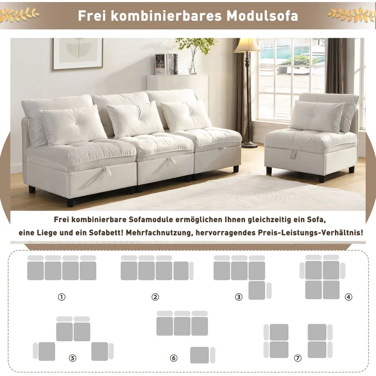 Schlafsofa mit 4 unabhängige Module, als 4-Sitzer, 2 Zweisitzer oder Schlafsofa nutzbar, Wolken-Sitzkomfort, Beige – Bild 8