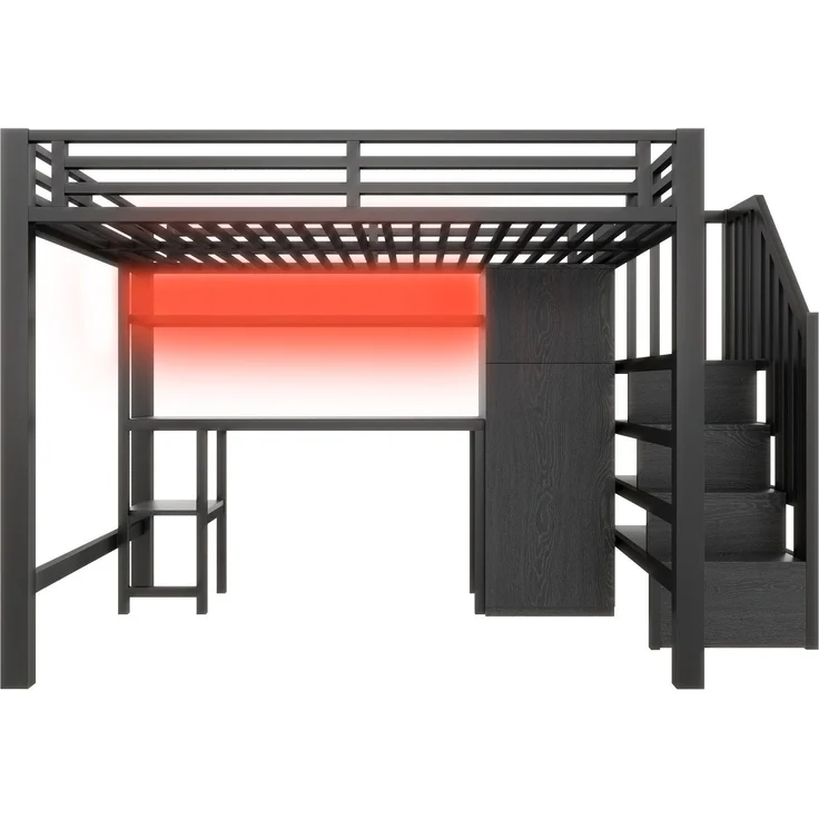 Hochbett mit RGB LED-Streifen, Schreibtisch, Treppe, Regal, Lattenrost und Kleiderschrank, 140x200 cm, Kinderbett mit Rausfallschutz, Metallbett – Bild 8
