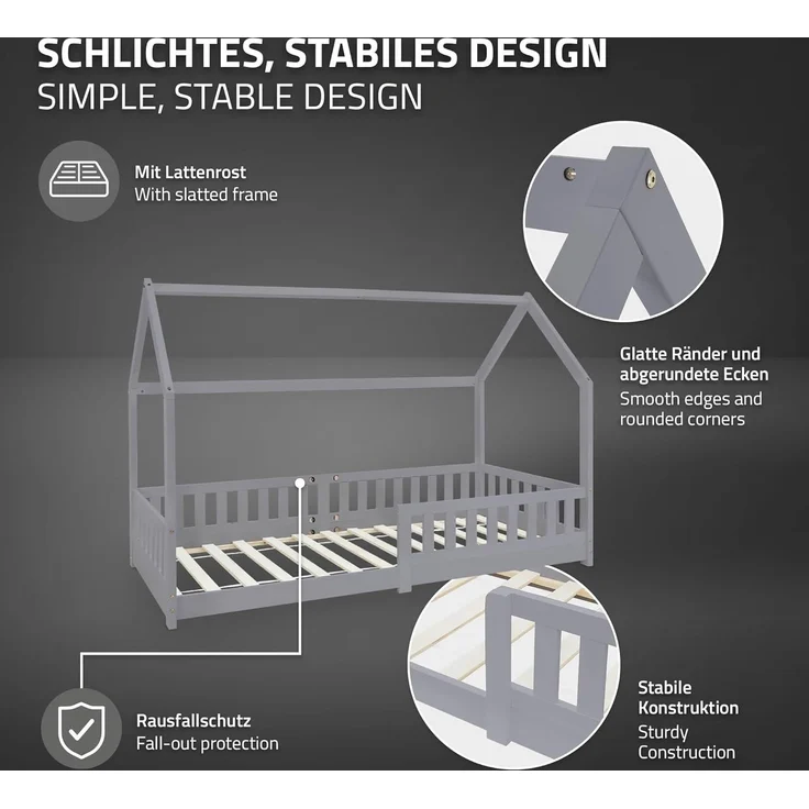 ML-DESIGN Kinderbett Hausbett Spielbett inkl. Lattenrost kreativ Bodenbett für Kinder, Abenteuerbett mit Rausfallschutz Spielbett Kiefer Hellgrau Himmelbett – Bild 5