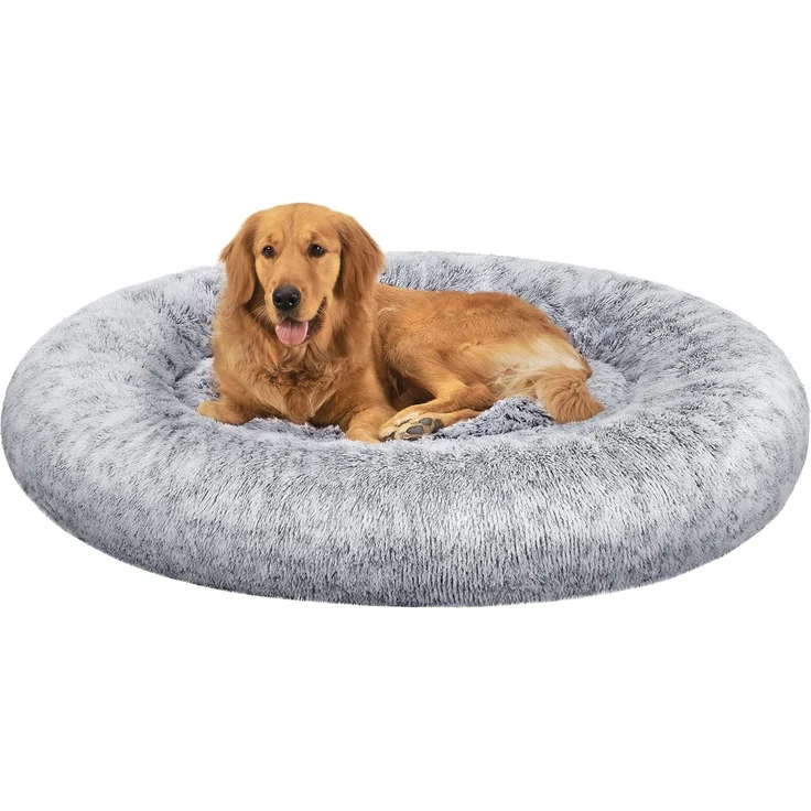 Feandrea Hundebett flauschig, Katzenbett, Donut Kissen, waschbar, Polsterung in der Mitte herausnehmbar, Langer Plüsch, 120 cm Durchmesser, Ombré-Grau PGW043G01