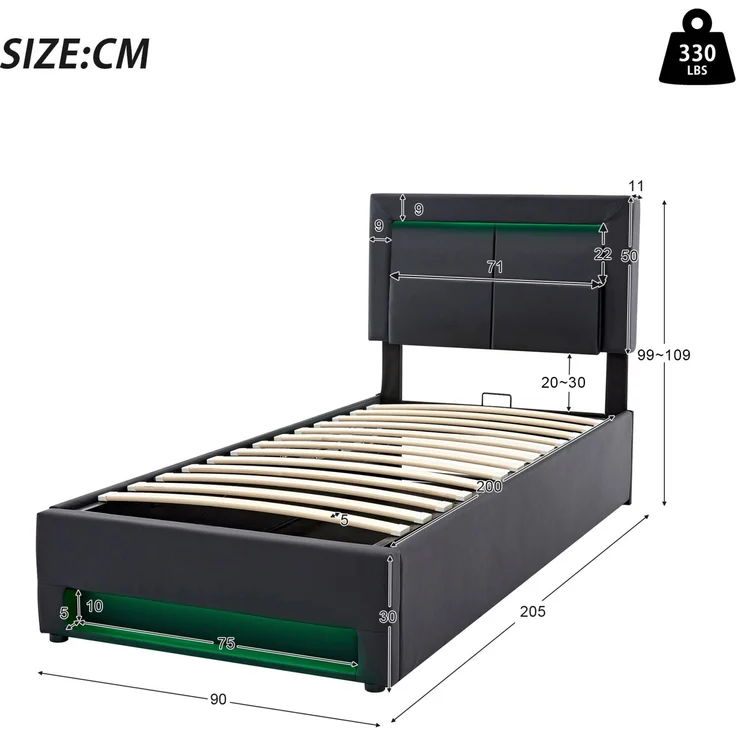 Merax Polsterbett LED Einzelbett 90x200cm mit USB-Anschluss und hydraulischem Stauraum, schwarz – Bild 4