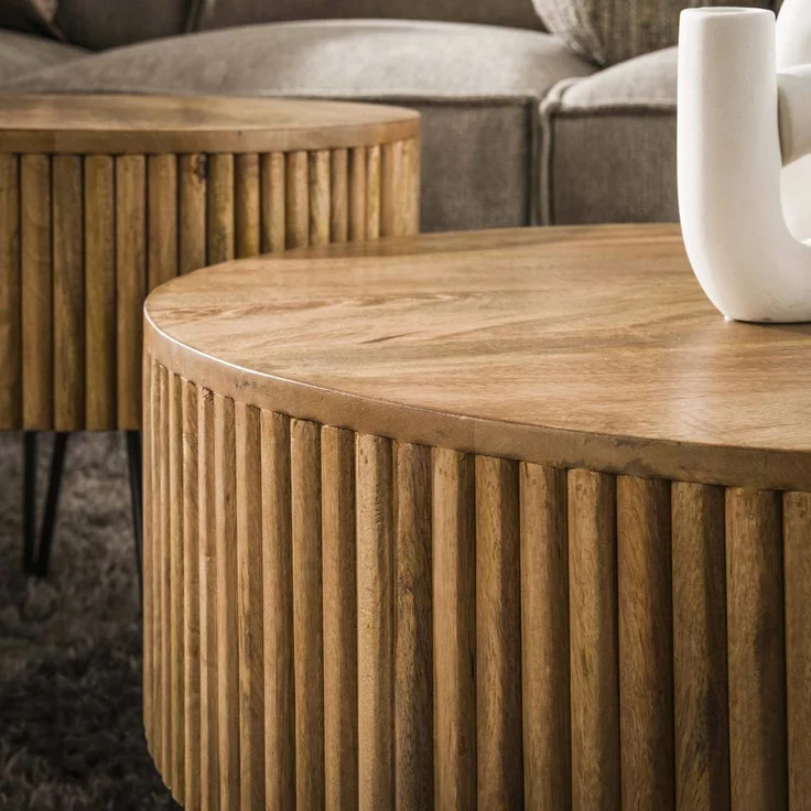 Couchtisch 2er-Set Vagula aus Mangoholz, Wellenmuster, modern rund, natur, Hairpin-Beine – Bild 2