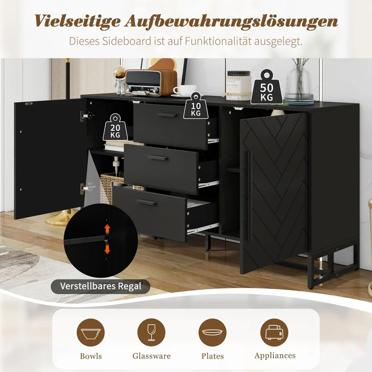 Merax Kommode, Schwarzes elegantes Sideboard mit Fischgrätenmuster, mit 2 Türen und 3 Schubladen für Esszimmer, Küche und Wohnzimmer – Bild 7