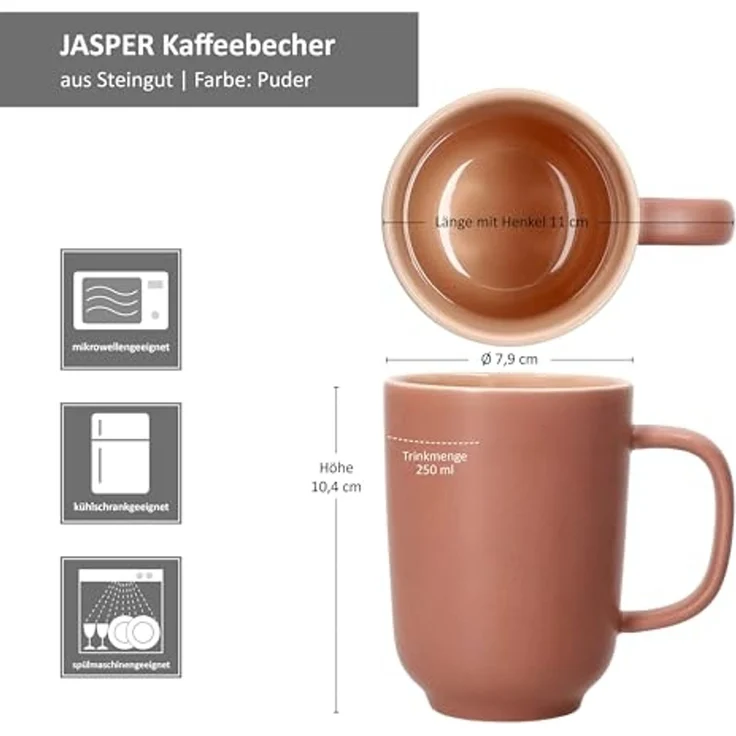 Ritzenhoff & Breker Becher Ritzenhoff 6x Jasper Kaffeebecher 250ml H10,4cm Puder Tee-Tassen, Steingut – Bild 6