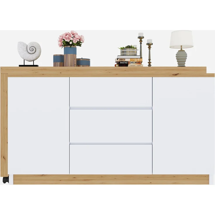 Schreibtisch 120 × 50 × 76,5 cm, drehbar und klappbar, 3 Schubladen, 2 Türen, 2 feststellbare Rollen, 4 cm starke Platte, Spanplatte, Weiß/Eiche – Bild 11