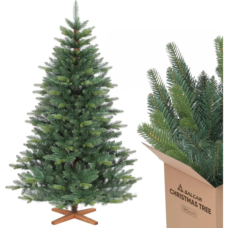 SALCAR 180cm Künstlicher Weihnachtsbaum Premium, Nordmanntanne mit Holzständer, Realistische PE+PVC Tannenbaum, Einfacher Aufbau für Ihre Weihnachtsdekoration