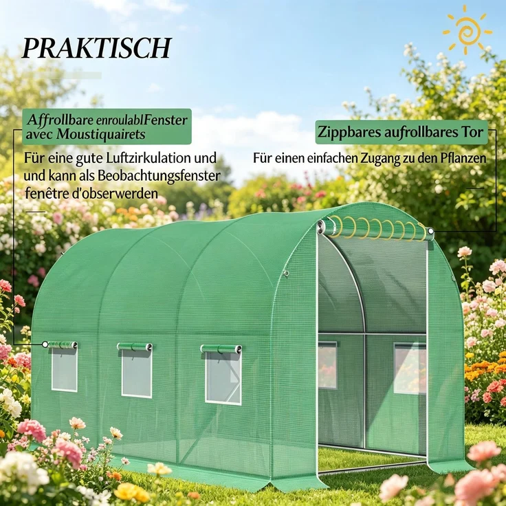 Wohnora-Gewächshaus im Freien mit Reißverschluss Roll-up Tür,Großer Garten Gewächshaus,Hinterhof Gewächshaus,H 198cm x T 298cm x B 196cm,Grün – Bild 3