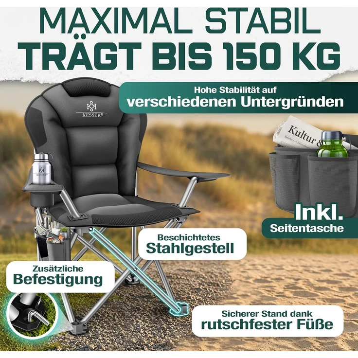 KESSER® Campingstuhl faltbar bis 150 kg Angelstuhl Faltstuhl Klappstuhl Gepolstert mit Armlehnen, Getränkehalter + Tasche mit hoher Rückenlehne, Strandstuhl, Klapphocker Anthrazit / Schwarz – Bild 5