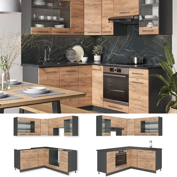 Eckküche Fame-Line Goldkraft Eiche/Anthrazit 190 x 160 cm, AP Eiche Vicco – Bild 2