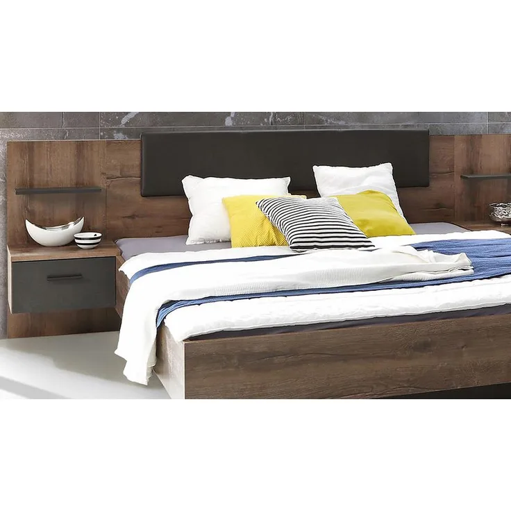 Bettanlage CHILLY Bett Nachtkommode Schlammeiche und Eiche schwarz 180x200