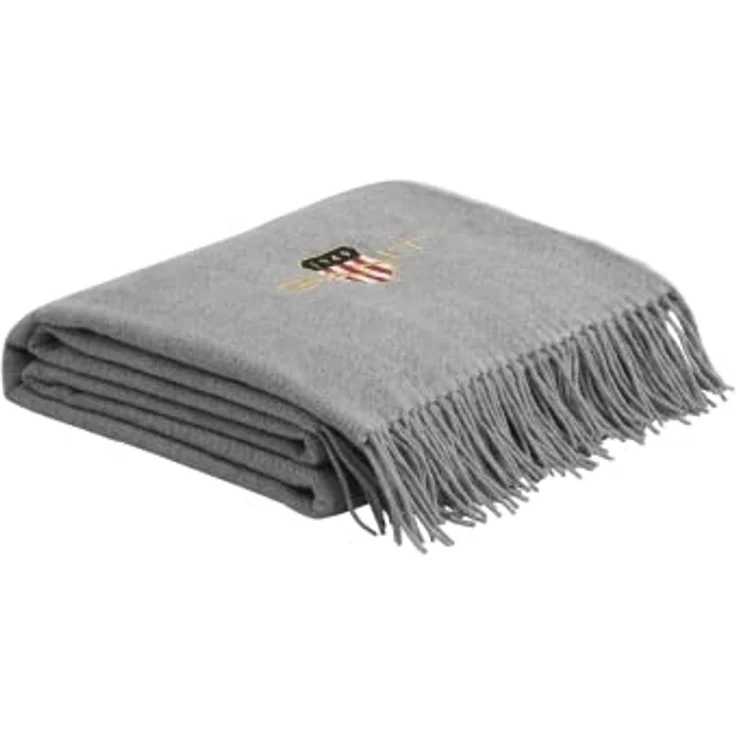 GANT Wohndecke - Archive Shield Throw, Baumwoll-Woll-Gewebe, Fischgrät-Muster Grau 130x180cm – Bild 1