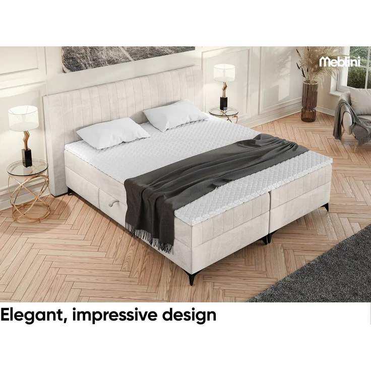 MEBLINI Boxspringbett NANI 140x200cm - H3P/Beige Samt - mit Bettkasten - Polsterbett - Doppelbett mit Topper & Taschenfederkern-Matratze – Bild 4