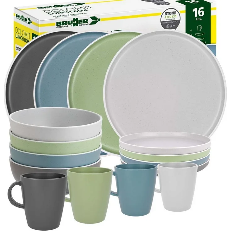 BRUNNER Geschirr-Set BRUNNER Camping Geschirrset DOLOMIT (12, 16, 36-Teile) BUNT Sortiert (16-tlg)