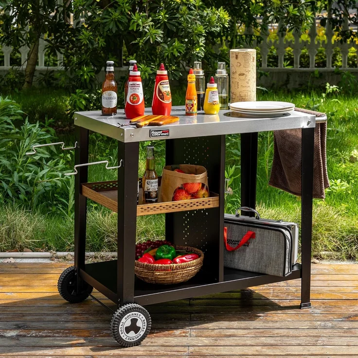 Royal Gourmet Grillablagetisch Grilltisch mit 85x50 cm Edelstahlplatte, 3-Etage Grillwagen, Mobiler Mehrzweck-Küchenwagen – Bild 2