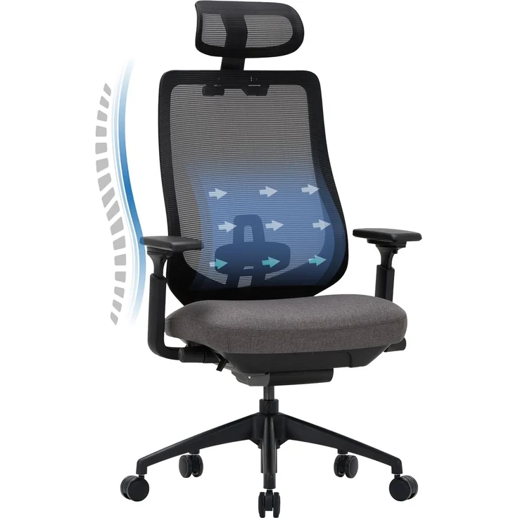 COLAMY XK01 Atlas Ergonomischer Bürostuhl, Netz-Chefsessel mit verstellbarem Kopfstütze, Computer Schreibtischstuhl Drehstuhl mit 4D-Armlehnen, Nylonbasis/Schiebesitz/Neigungssperre, Dunkelgrau