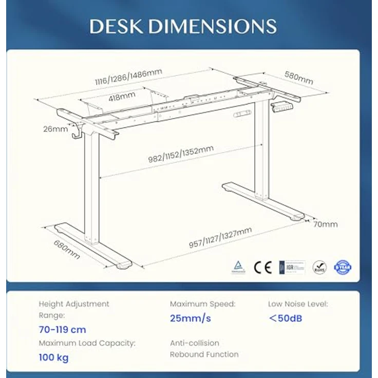 FLEXISPOT Höhenverstellbarer Schreibtisch Gestell, Elektrisch Tischbeine mit 2 Motoren & LED-Höhenanzeige & 4 Speicherfunktionen, inkl. 2 Haken & Kabelmanagement, Sierrablau – Bild 2