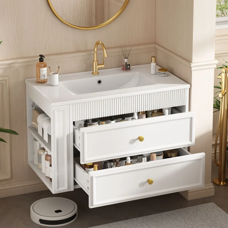 Flieks wandhängender Waschtischunterschrank, Badezimmerschrank mit Keramikwaschbecken, Schubladen & seitlichem Regal, 81 x 47 x 52 cm, weiß – Bild 3