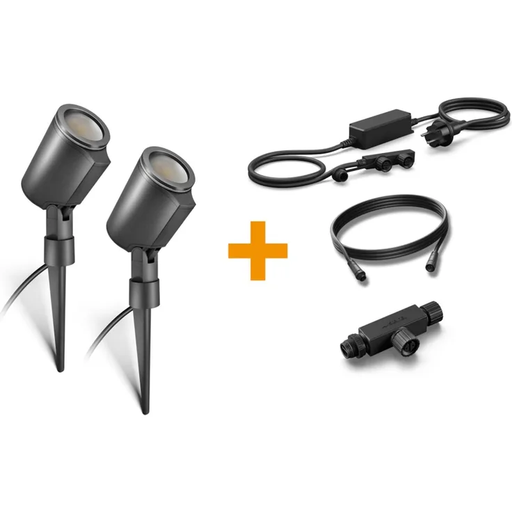 Steinel LED-Strahler Spot Garden C 24V Starter-Set, 2 Stück inkl. 35W Netzteil, Verbindungskabel 2,5m, T-Verbinder, 16 Mio. Farben, App-Steuerung, Plug & Play