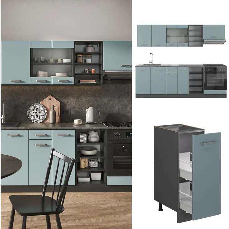 Küchenzeile R-Line Blau-Grau/Anthrazit 240 cm , AP Marmor Vicco – Bild 2