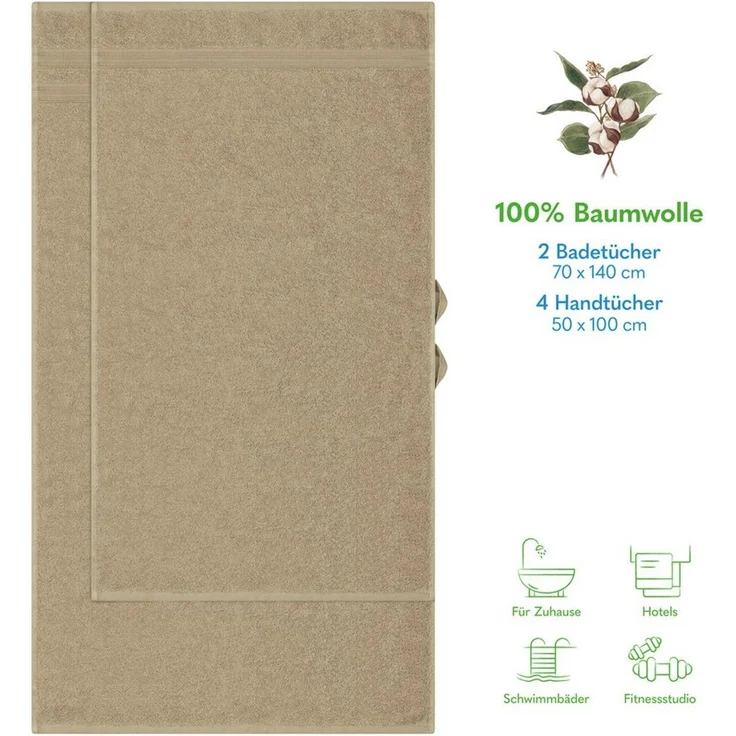Hammetex 6 teiliges Handtuch Set, 100% Baumwolle Weich Saugstark Qualität Handtücher Set, 2 Badetücher 70x140 cm, 4 Handtücher 50x100 cm, Beige – Bild 2