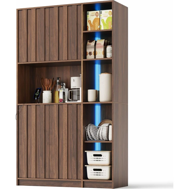 Küchenschrank, hoher Stauraumschrank mit LED-Beleuchtung, Küchenregal mit Steckdosen, Bücherregal & Vitrinenschrank für Wohnzimmer und Esszimmer, 180 × 105 × 40 cm--Nussbaum--105x40x180cm--YOUDENOVA – Bild 10
