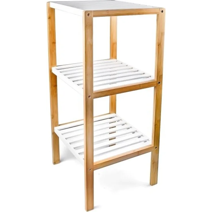 Relaxdays Badregal mit 3 Ablagen, Bambus natur / weiß, 80 x 34 x 33 cm
