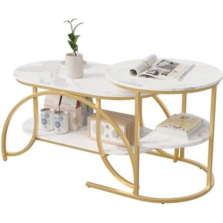 FUROKOY Couchtisch Beistelltisch Sofatisch wohnzimmertisch kaffeetisch 2er set (Runder Tisch Oval), Modern design Couchtisch mit gold beinen,Marmoroptik,Gold + Weiß – Bild 4