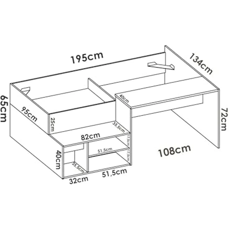 Dmora - Schlafzimmer Cervino, Einzelbett für Schlafzimmer, Set mit Schreibtisch und Regalen, 195 x 134 x 73 cm, Weiß und Eiche – Bild 2