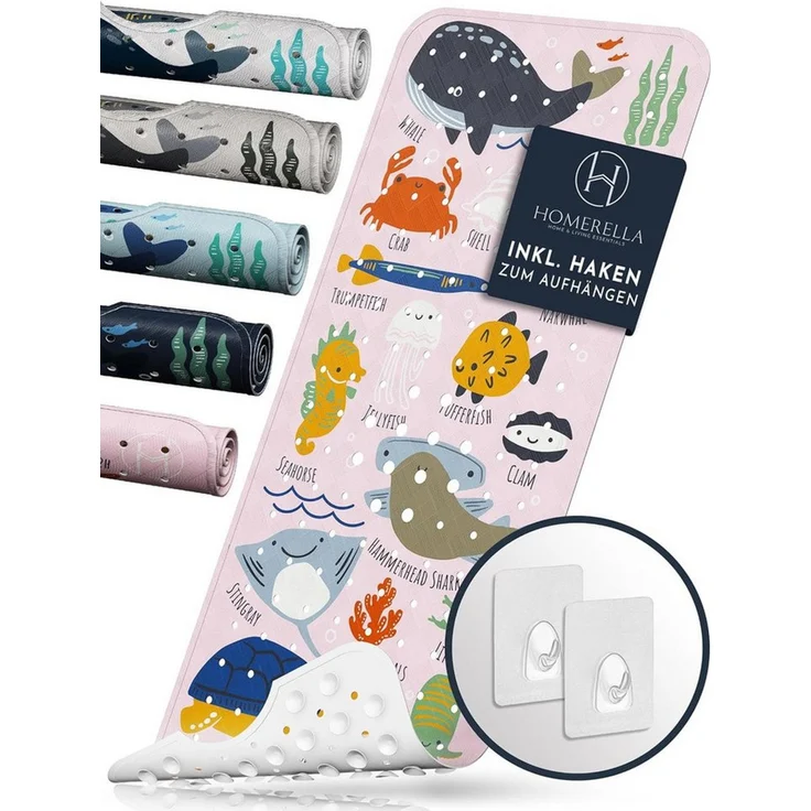 Homerella Badematte rutschfest Kinder - 100% BPA frei Inkl. 2 Haken zum Aufhängen 100x40cm, Antirutschmatte Badewanne Baby hautsensitiv & schimmelresistent, Badewannenmatte rutschfest & waschbar