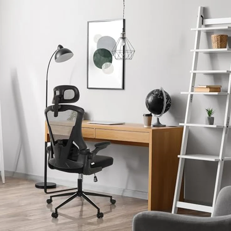 MID.YOU Drehstuhl Schwarz, Textil, 360° drehbar, ergonomische Rückenlehne, gepolsterte Armlehnen, Arbeitszimmer, Drehstuhl 60x117-124x60 cm – Bild 6