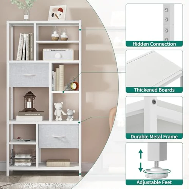YITAHOME Bücherregal mit Schubladen, 7-stöckiges Standregal mit Stahlrahmen, Bodenstehendes Lagerregal, Industrieregal Aufbewahrungsregal, für Wohnzimmer, Büro, Flur, Küche, Weiß Regal – Bild 7