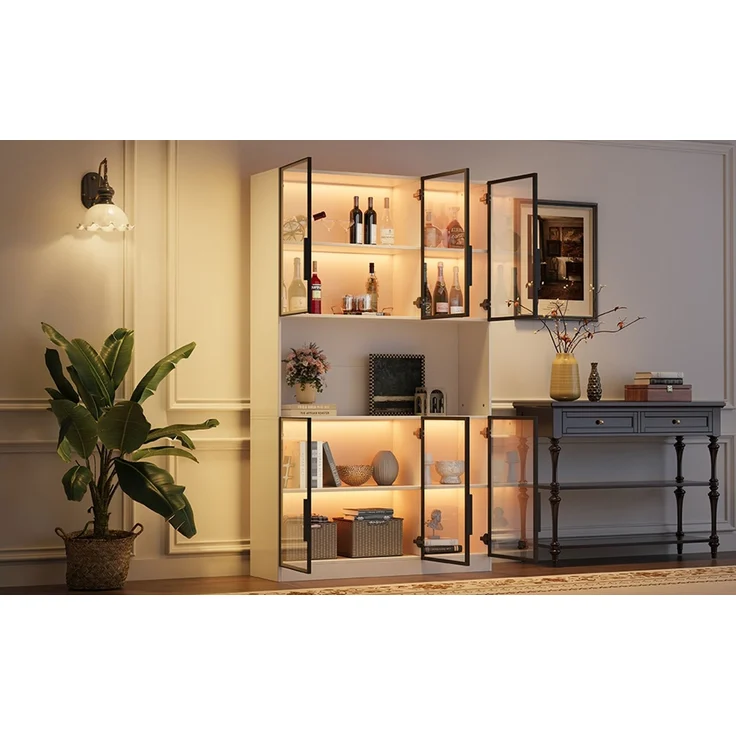 120*34*200cm Vitrine, Standvitrine mit 6 Schranktüren, Freilagerbereich, Hochschrank, Glasvitrine mit LED, Wohnzimmerschrank 120 cm breit, Multifunktionsschrank, Großer Schrank, Weiß--Weiß--120x34x200cm--YOUDENOVA – Bild 7