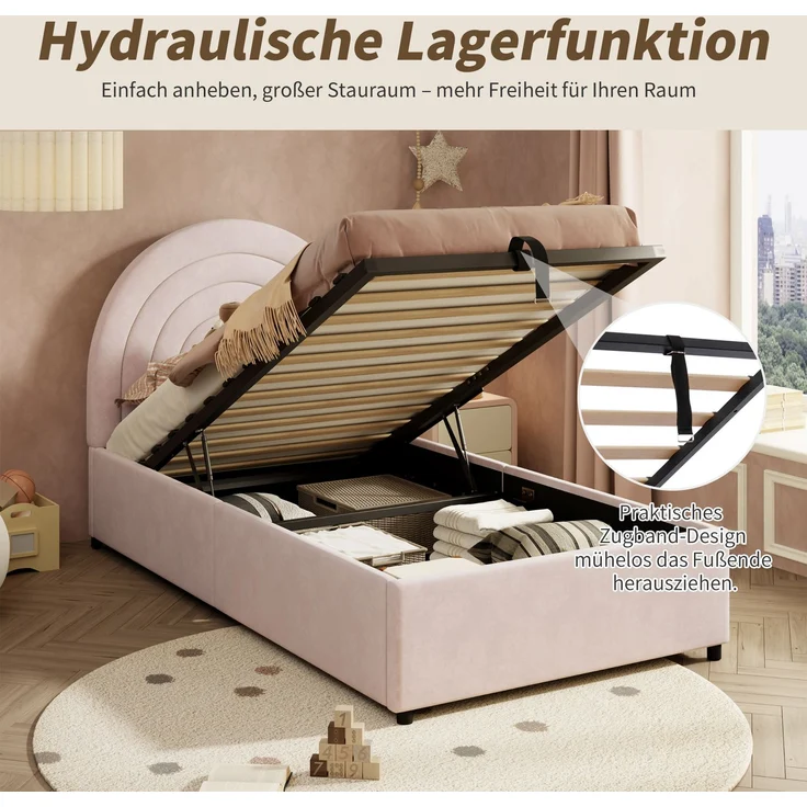 Kinderbett 90x200 cm mit hydraulischem Stauraum, eingebetteter Matratze, geräuschdämpfenden Polstern, Samtbezug, weichem Kopfteil,Rosa – Bild 6