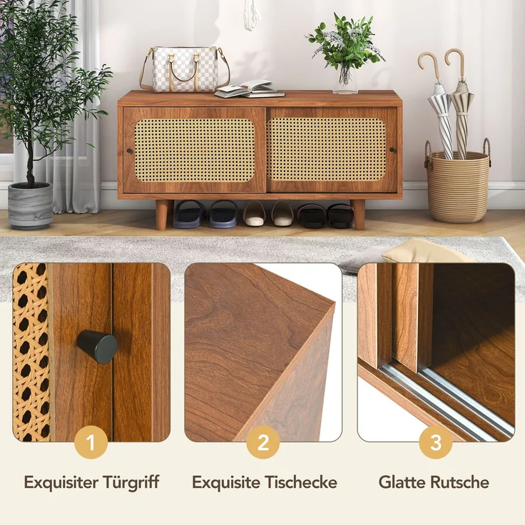 Merax Rattan Schuhschrank 104*40*48 cm mit 2 Türen mit verstellbare Ablage Walnussfarbe formschöner Schuhschrank für Flur, Wohn- und Schlafzimmer – Bild 6
