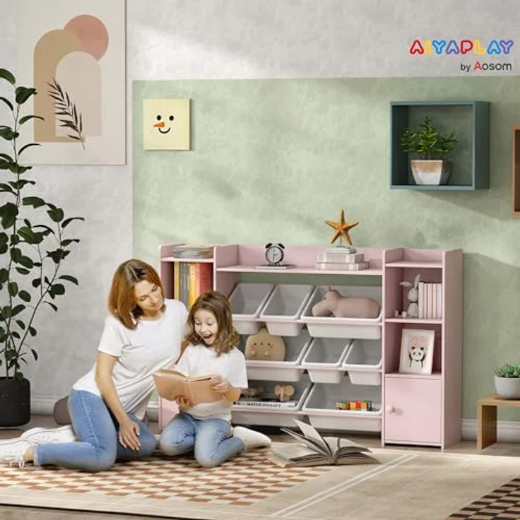 AIYAPLAY Kinderregal mit 8 herausnehmbaren Boxen, 4 offenen Fächern, 2 Schränkfach, Kinderregal 1-tlg, für Kinderzimmer, Spielzimmer, Wohnzimmer, 140 x 30 x 90 cm, Rosa – Bild 3