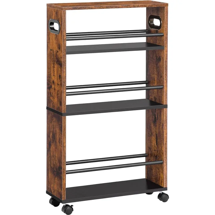 HOOBRO Schmaler Servierwagen, 45 x 15 x 80 cm, Küchenwagen mit 3 Ebenen, Küchenregal mit 360° Drehbare Räder und Geländern, Leicht zu Montieren, Stabil, Industriell, Dunkelbraun EBF15TC01
